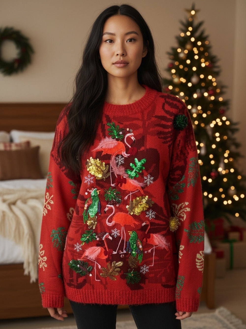 33 Degrees Pink Flamingo Feathers Sequin Ugly Christmas Sweater